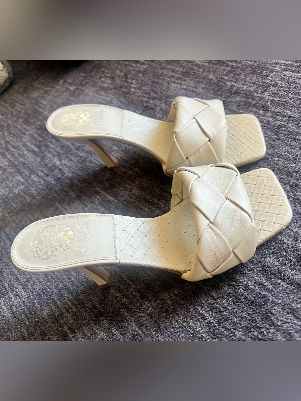 Vince Camuto Cream Woven Slide Heels